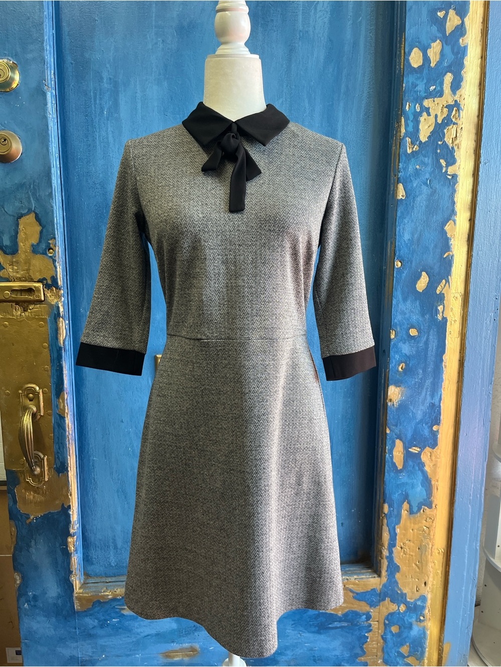 Grey Midi Dress with Black Tie Collar